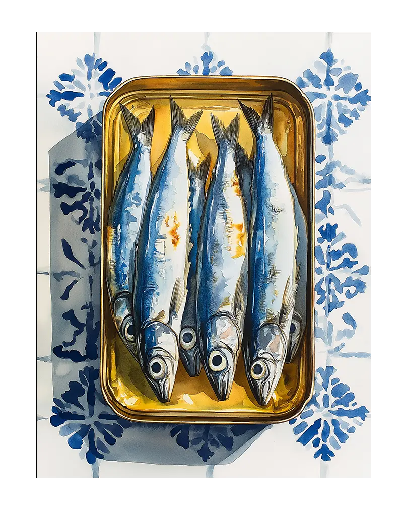 An artistic illustration of fresh fish displayed on a golden tray, set against a backdrop of decorative blue and white tiles. This vibrant wall art combines culinary elegance with traditional design elements, perfect for adding a touch of sophistication to kitchen or dining spaces. Perfect wall art for food lovers and stylish interiors