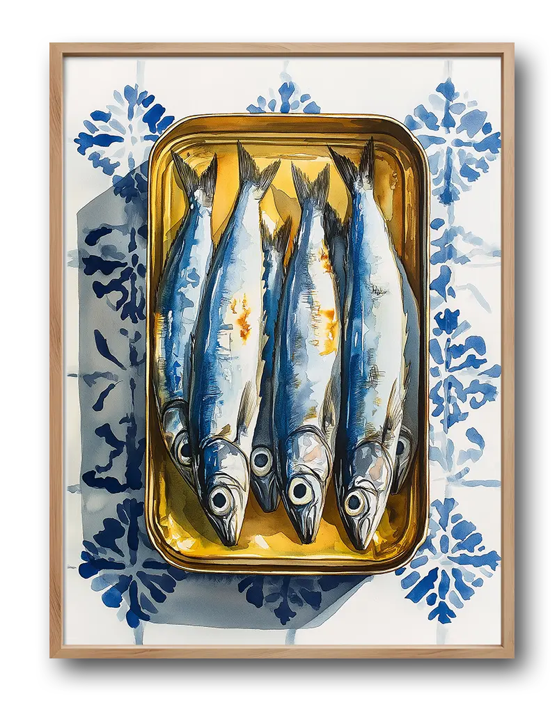 An artistic illustration of fresh fish displayed on a golden tray, set against a backdrop of decorative blue and white tiles. This vibrant wall art combines culinary elegance with traditional design elements, perfect for adding a touch of sophistication to kitchen or dining spaces. Perfect wall art for food lovers and stylish interiors