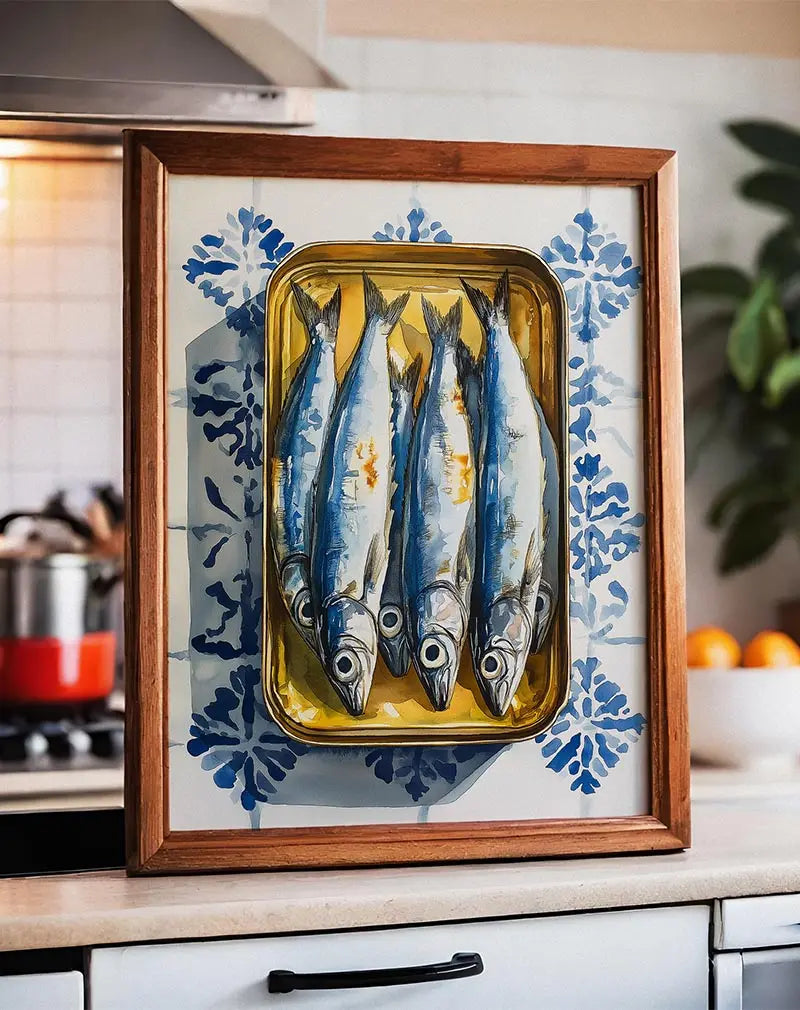 An artistic illustration of fresh fish displayed on a golden tray, set against a backdrop of decorative blue and white tiles. This vibrant wall art combines culinary elegance with traditional design elements, perfect for adding a touch of sophistication to kitchen or dining spaces. Perfect wall art for food lovers and stylish interiors