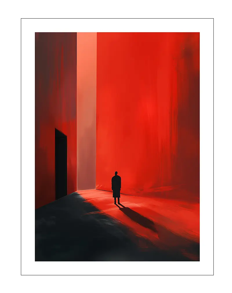 A striking illustration of a lone figure standing in a vast space illuminated by intense red light, casting long shadows. This minimalist and atmospheric wall art evokes feelings of solitude and introspection. Perfect wall art for creating a bold statement in modern living spaces