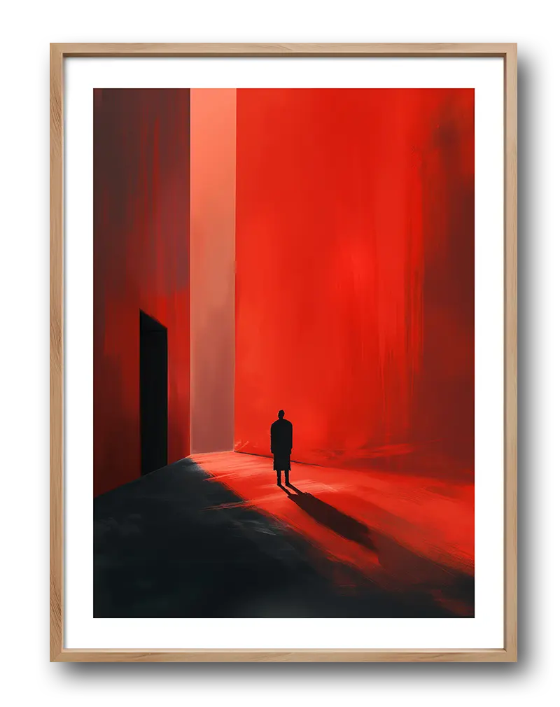 A striking illustration of a lone figure standing in a vast space illuminated by intense red light, casting long shadows. This minimalist and atmospheric wall art evokes feelings of solitude and introspection. Perfect wall art for creating a bold statement in modern living spaces