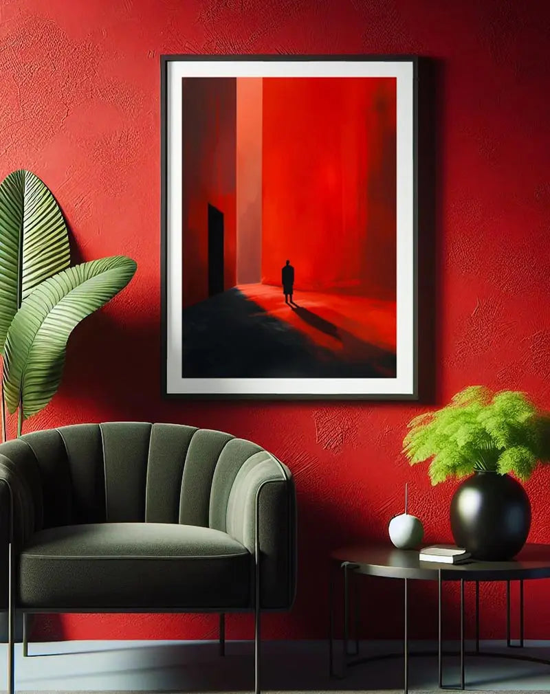 A striking illustration of a lone figure standing in a vast space illuminated by intense red light, casting long shadows. This minimalist and atmospheric wall art evokes feelings of solitude and introspection. Perfect wall art for creating a bold statement in modern living spaces