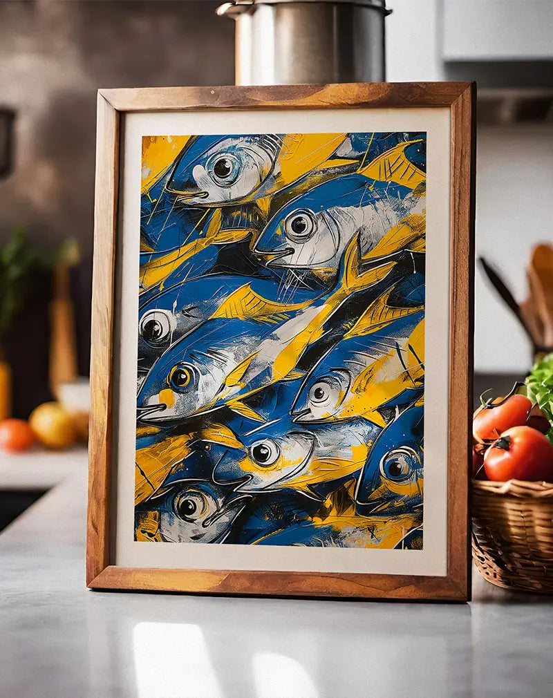 A dynamic and colorful illustration of a school of fish in bold blue and yellow hues, creating a lively and energetic composition.