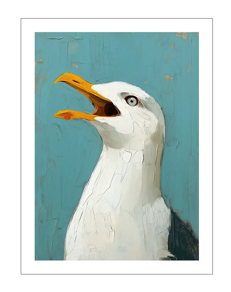 A striking illustration of a seagull with its beak open, set against a textured blue background. Perfect wall art or poster for coastal-themed spaces or anyone who loves seaside vibes