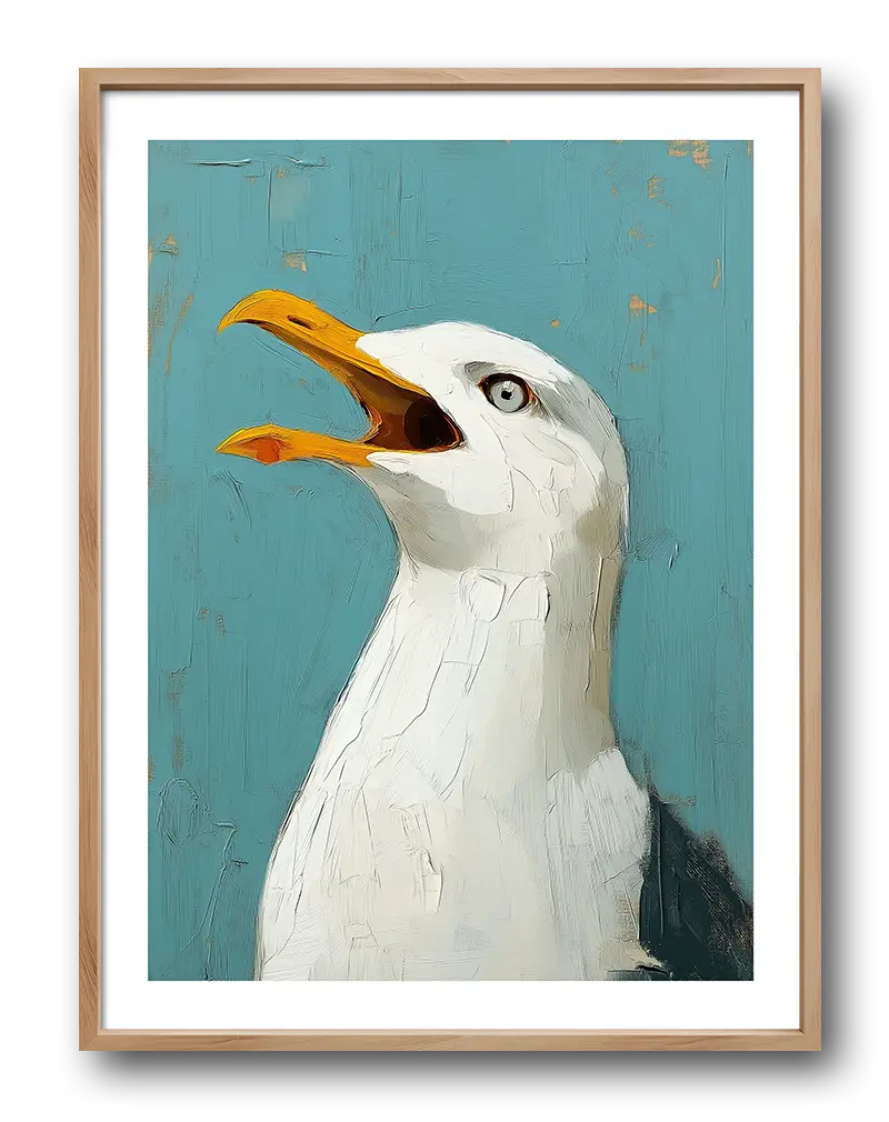 A striking illustration of a seagull with its beak open, set against a textured blue background. Perfect wall art or poster for coastal-themed spaces or anyone who loves seaside vibes