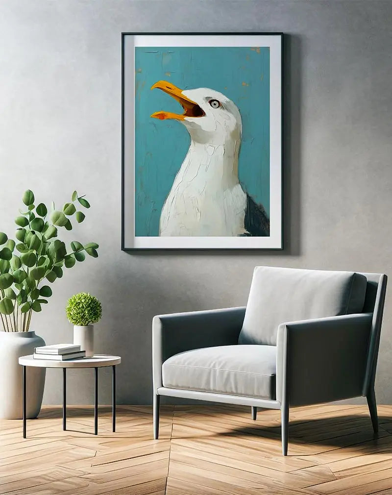 A striking illustration of a seagull with its beak open, set against a textured blue background. Perfect wall art or poster for coastal-themed spaces or anyone who loves seaside vibes