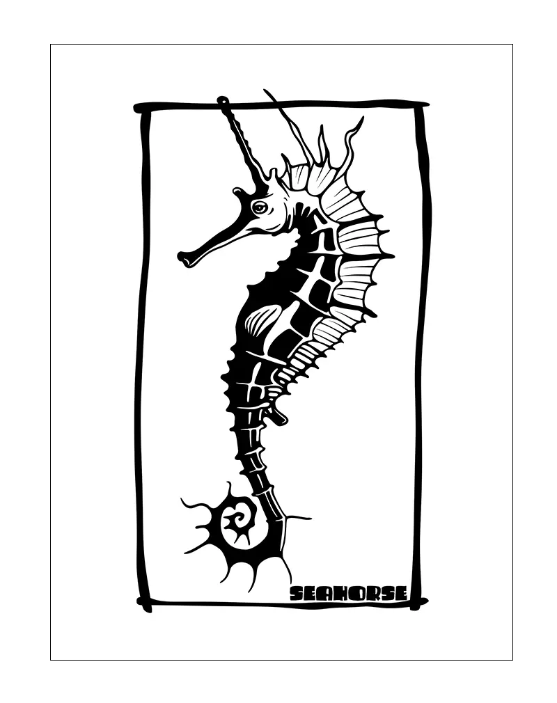 A detailed black-and-white illustration of a seahorse in a minimalist frame. Perfect wall art or poster for marine enthusiasts and coastal decor lovers