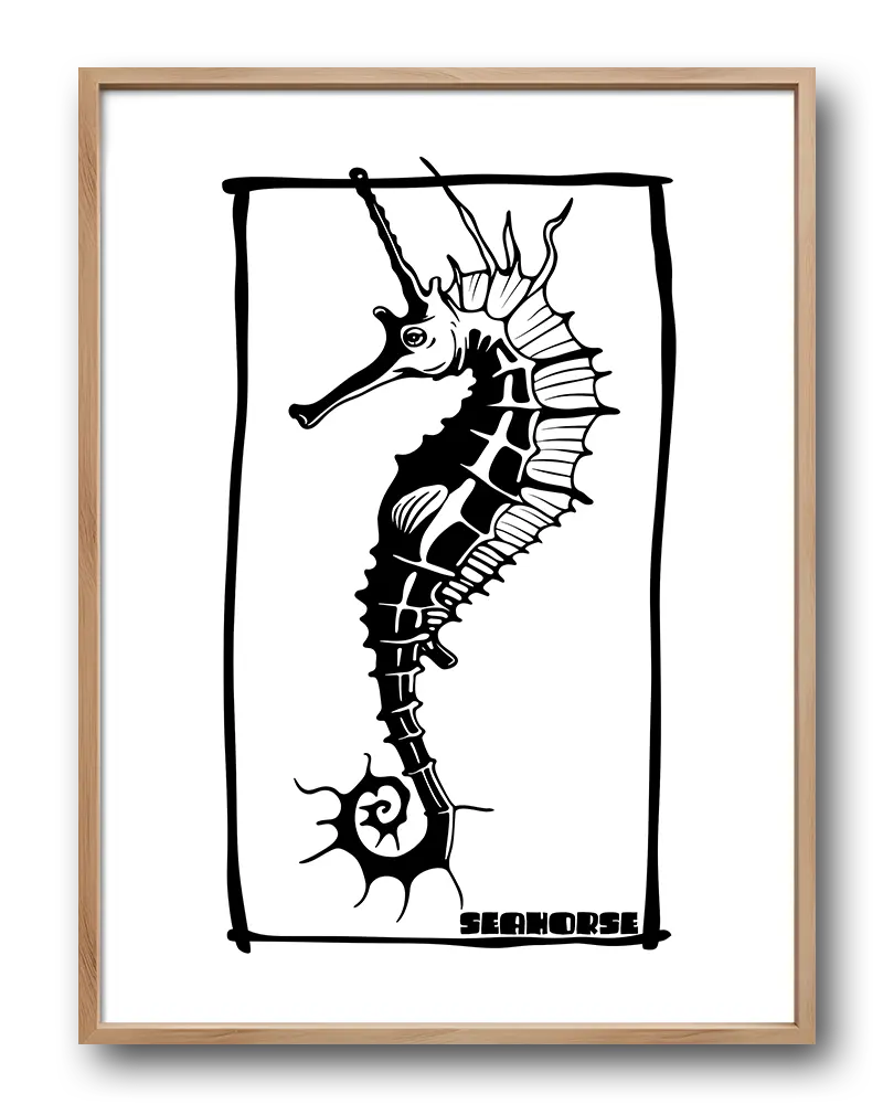 A detailed black-and-white illustration of a seahorse in a minimalist frame. Perfect wall art or poster for marine enthusiasts and coastal decor lovers