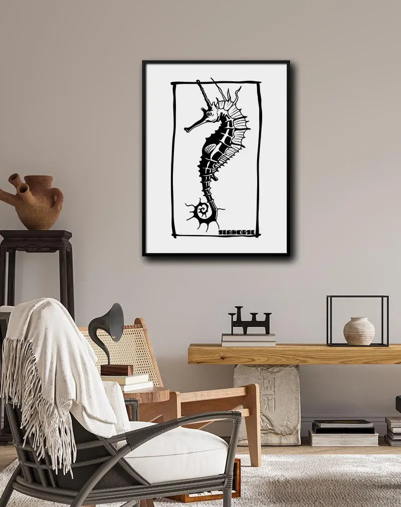 A detailed black-and-white illustration of a seahorse in a minimalist frame. Perfect wall art or poster for marine enthusiasts and coastal decor lovers