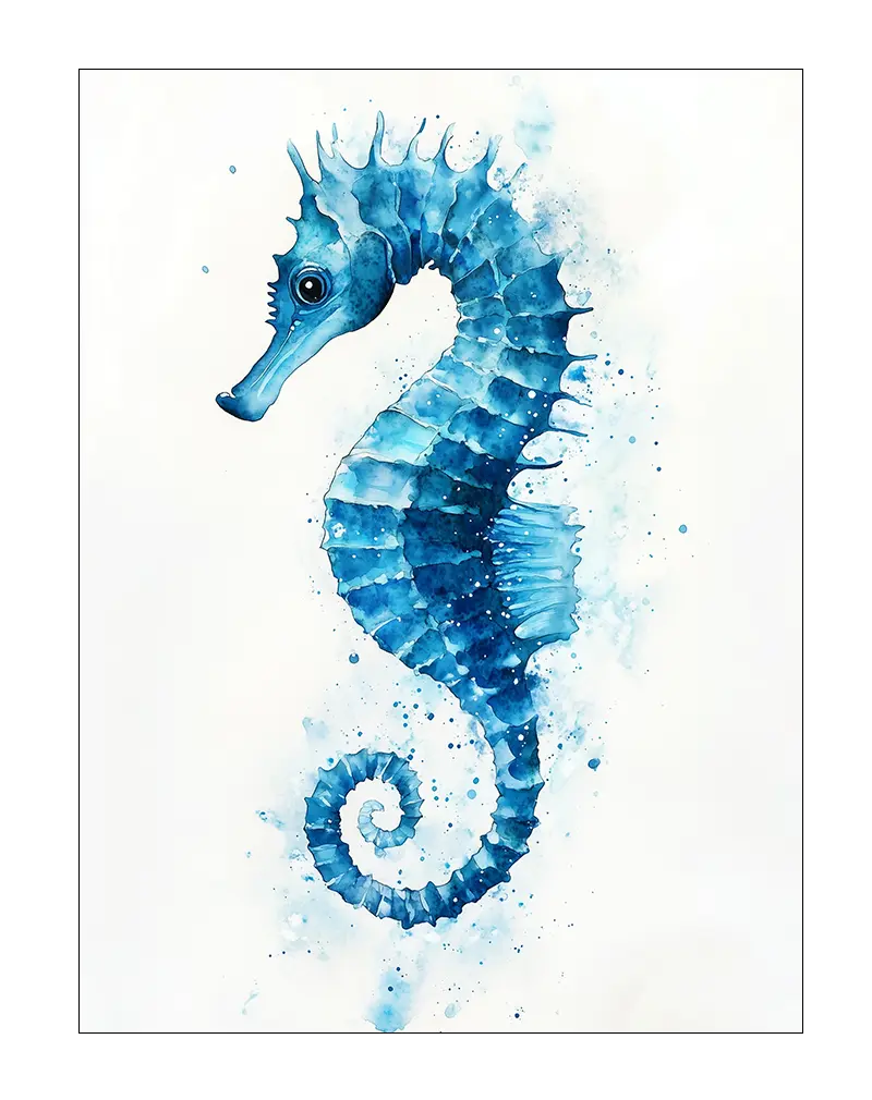 A beautiful watercolor illustration of a blue seahorse, delicately detailed with soft splashes of water. This aquatic-inspired wall art brings a serene and calming feel, perfect for adding a touch of the ocean to any room. Perfect wall art for coastal-themed decor or nature lovers