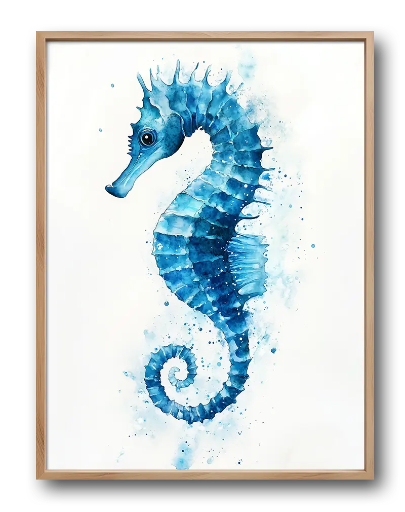 A beautiful watercolor illustration of a blue seahorse, delicately detailed with soft splashes of water. This aquatic-inspired wall art brings a serene and calming feel, perfect for adding a touch of the ocean to any room. Perfect wall art for coastal-themed decor or nature lovers