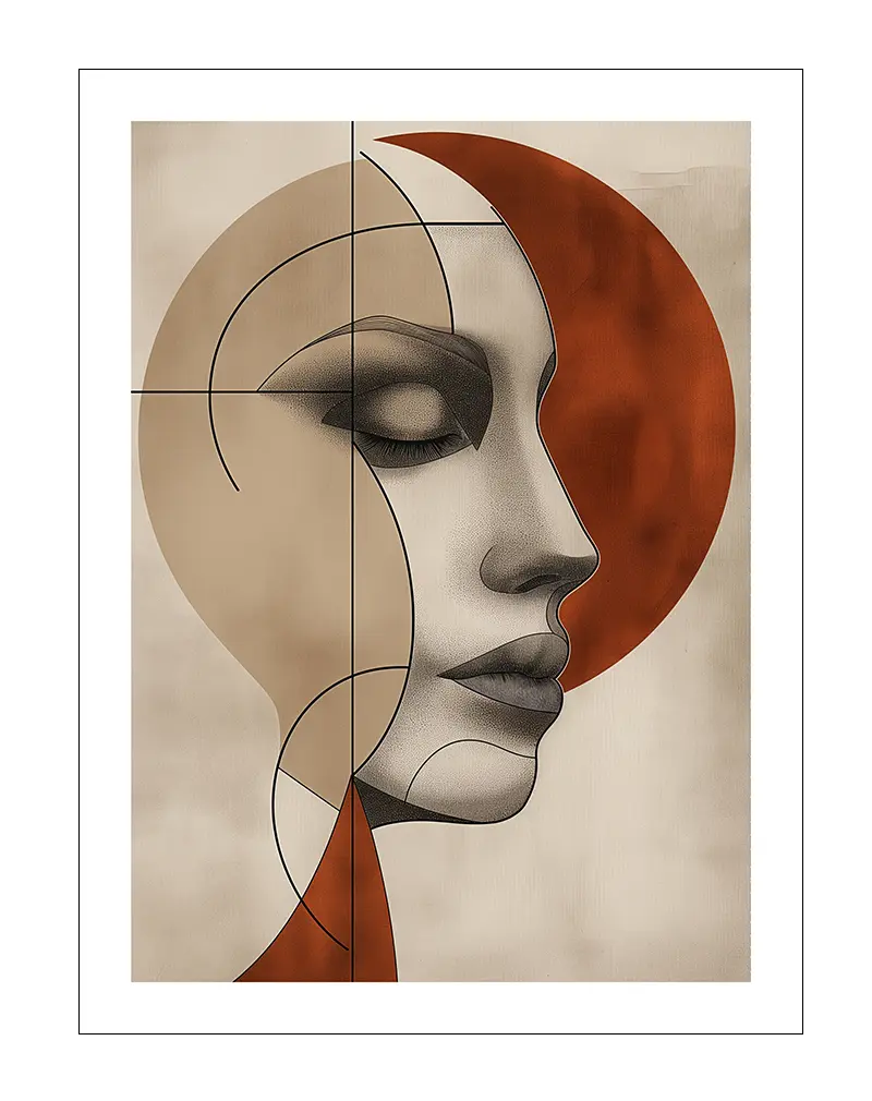 A minimalist abstract art of a female profile in soft beige and bold orange tones. Perfect wall art or illustration for modern and elegant home decor