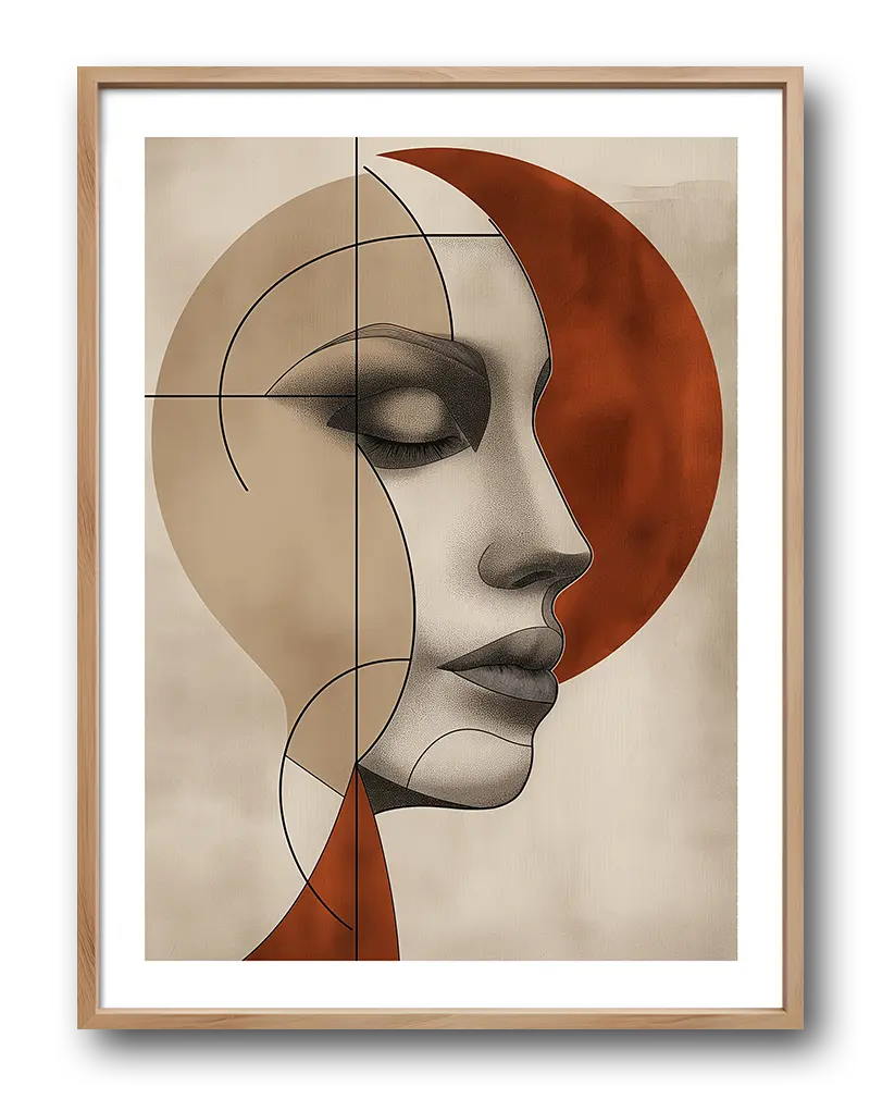 A minimalist abstract art of a female profile in soft beige and bold orange tones. Perfect wall art or illustration for modern and elegant home decor