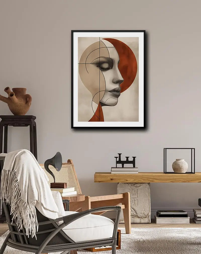 A minimalist abstract art of a female profile in soft beige and bold orange tones. Perfect wall art or illustration for modern and elegant home decor