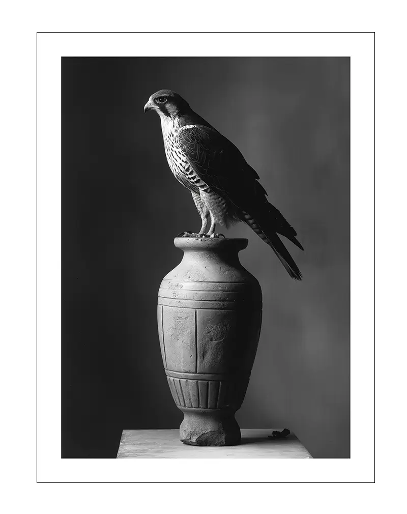 A stunning black and white photograph of a falcon perched gracefully on a stone vase. Perfect wall art or poster for creating a sense of calm and majesty in any space