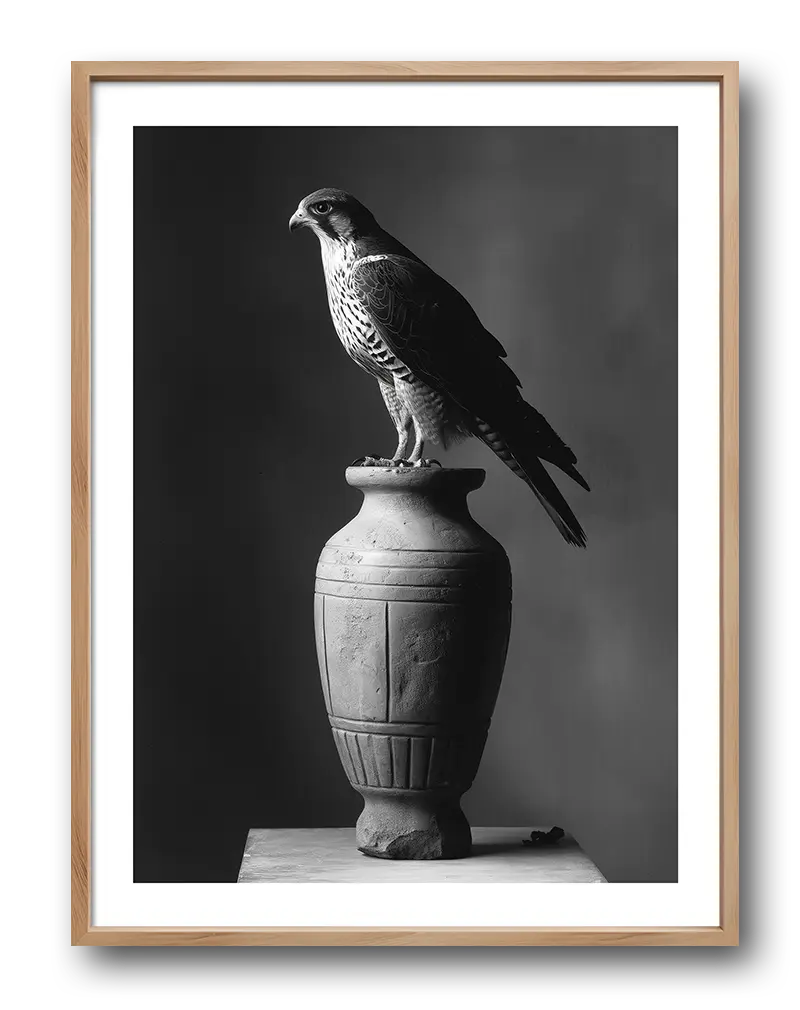 A stunning black and white photograph of a falcon perched gracefully on a stone vase. Perfect wall art or poster for creating a sense of calm and majesty in any space