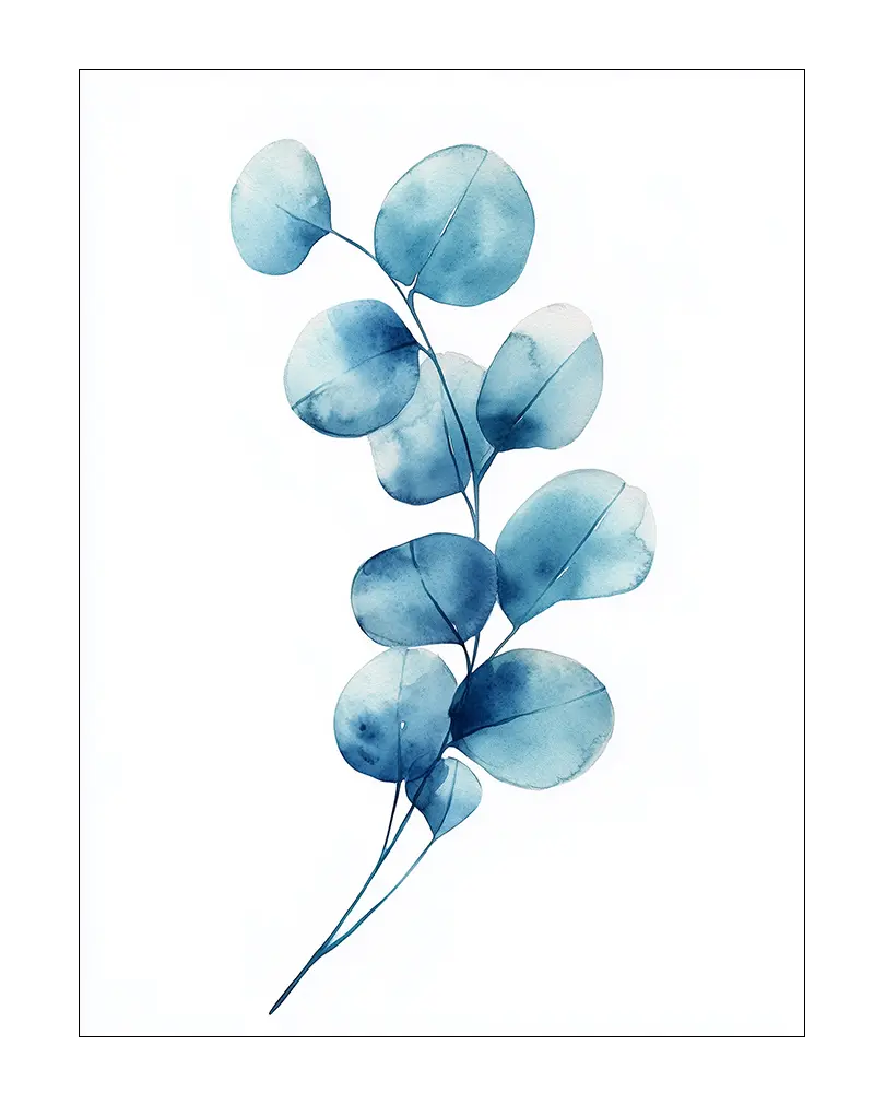 A beautiful watercolor illustration of delicate blue eucalyptus leaves. Perfect wall art for adding a serene and botanical touch to any interior space