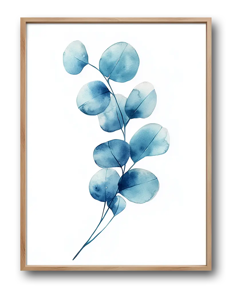 A beautiful watercolor illustration of delicate blue eucalyptus leaves. Perfect wall art for adding a serene and botanical touch to any interior space