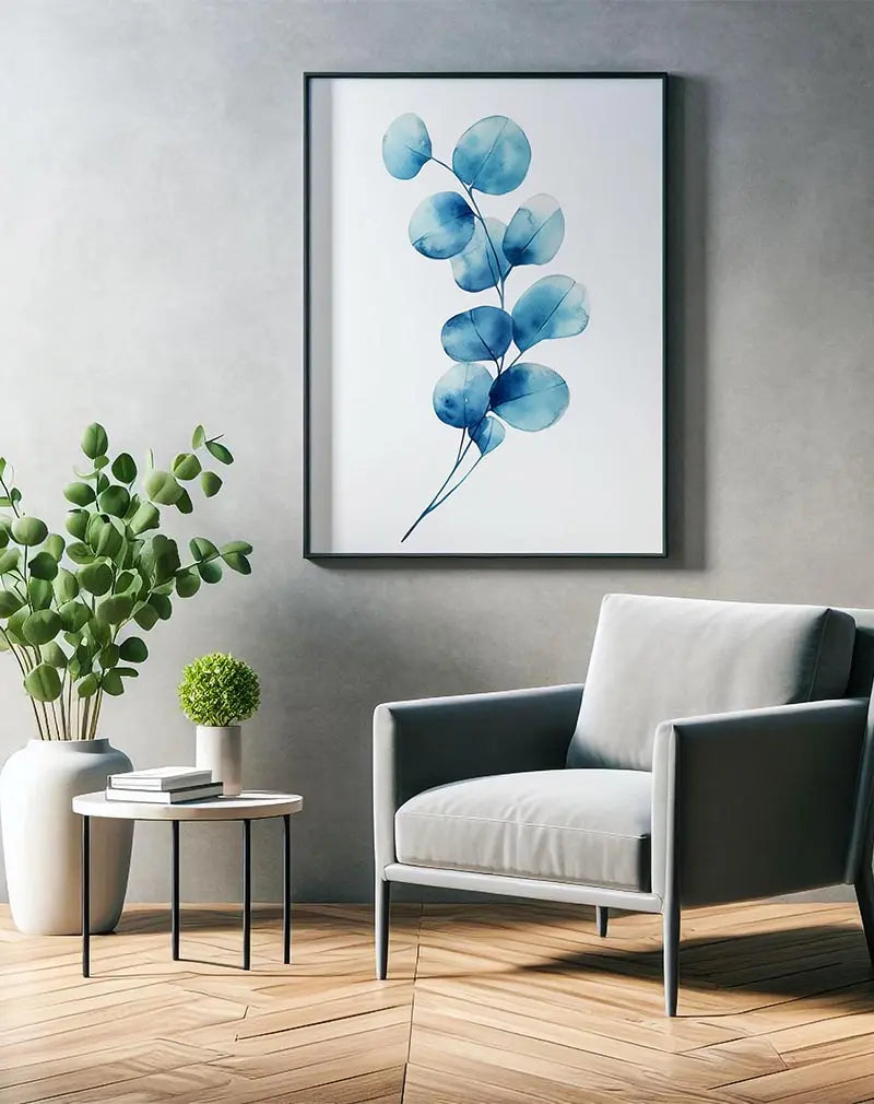 A beautiful watercolor illustration of delicate blue eucalyptus leaves. Perfect wall art for adding a serene and botanical touch to any interior space