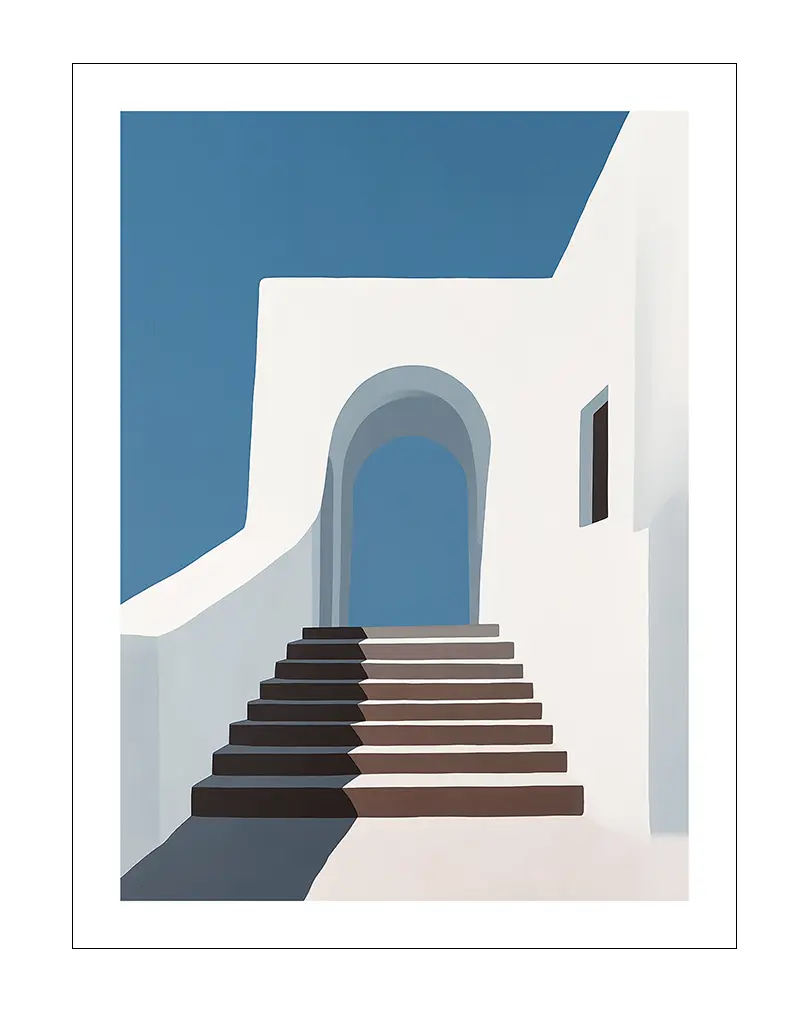 A minimalist illustration of Mediterranean architecture featuring white walls and a blue sky. Perfect wall art for bringing a calm and sunny coastal vibe to any room