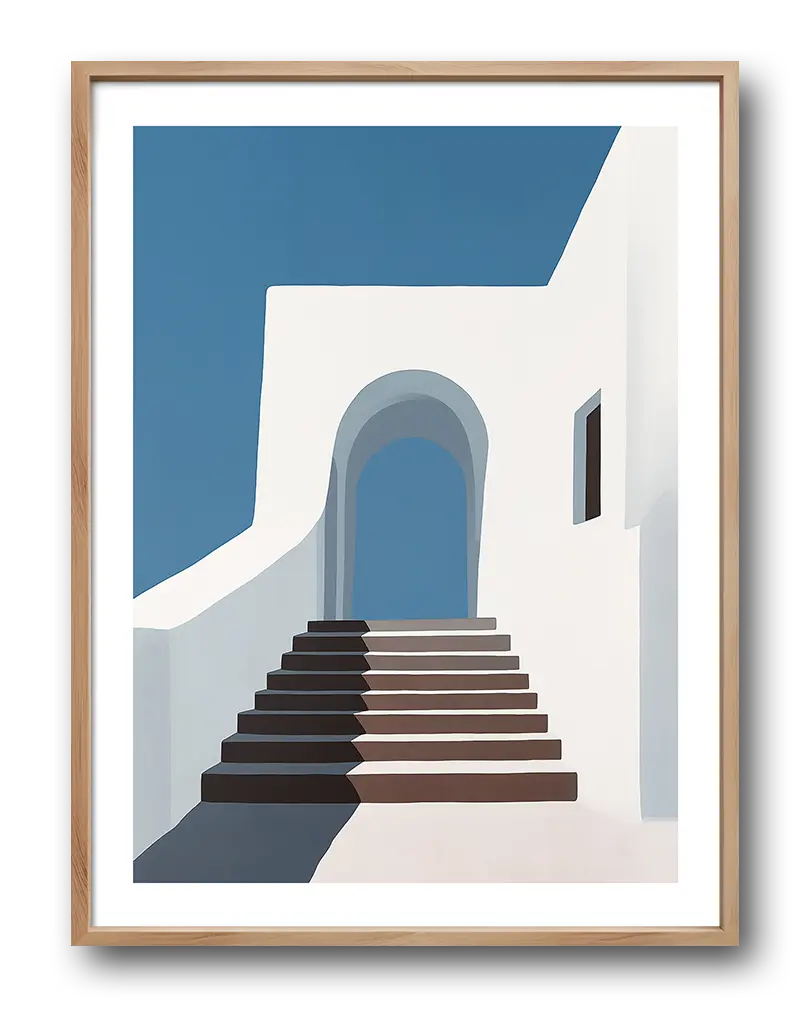 A minimalist illustration of Mediterranean architecture featuring white walls and a blue sky. Perfect wall art for bringing a calm and sunny coastal vibe to any room