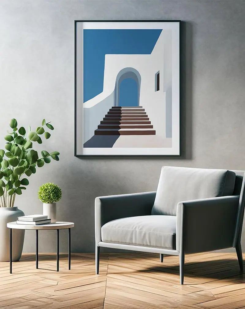 A minimalist illustration of Mediterranean architecture featuring white walls and a blue sky. Perfect wall art for bringing a calm and sunny coastal vibe to any room