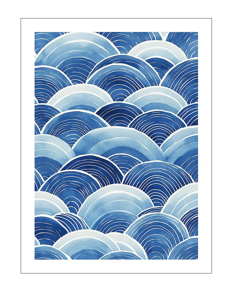 A beautiful pattern of blue ocean waves in a serene and calming design. Perfect wall art for adding a touch of tranquility and seaside charm to any living space