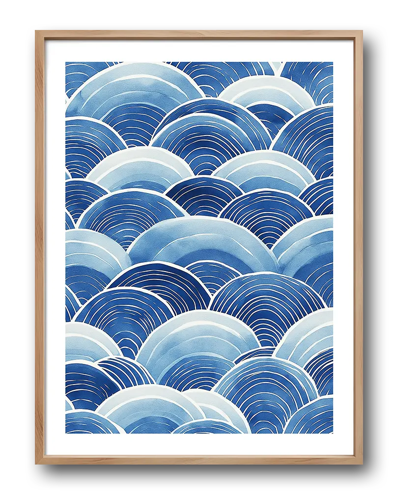 A beautiful pattern of blue ocean waves in a serene and calming design. Perfect wall art for adding a touch of tranquility and seaside charm to any living space