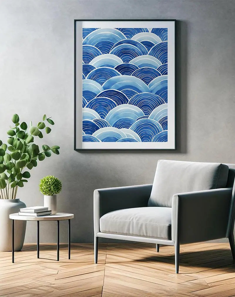 A beautiful pattern of blue ocean waves in a serene and calming design. Perfect wall art for adding a touch of tranquility and seaside charm to any living space