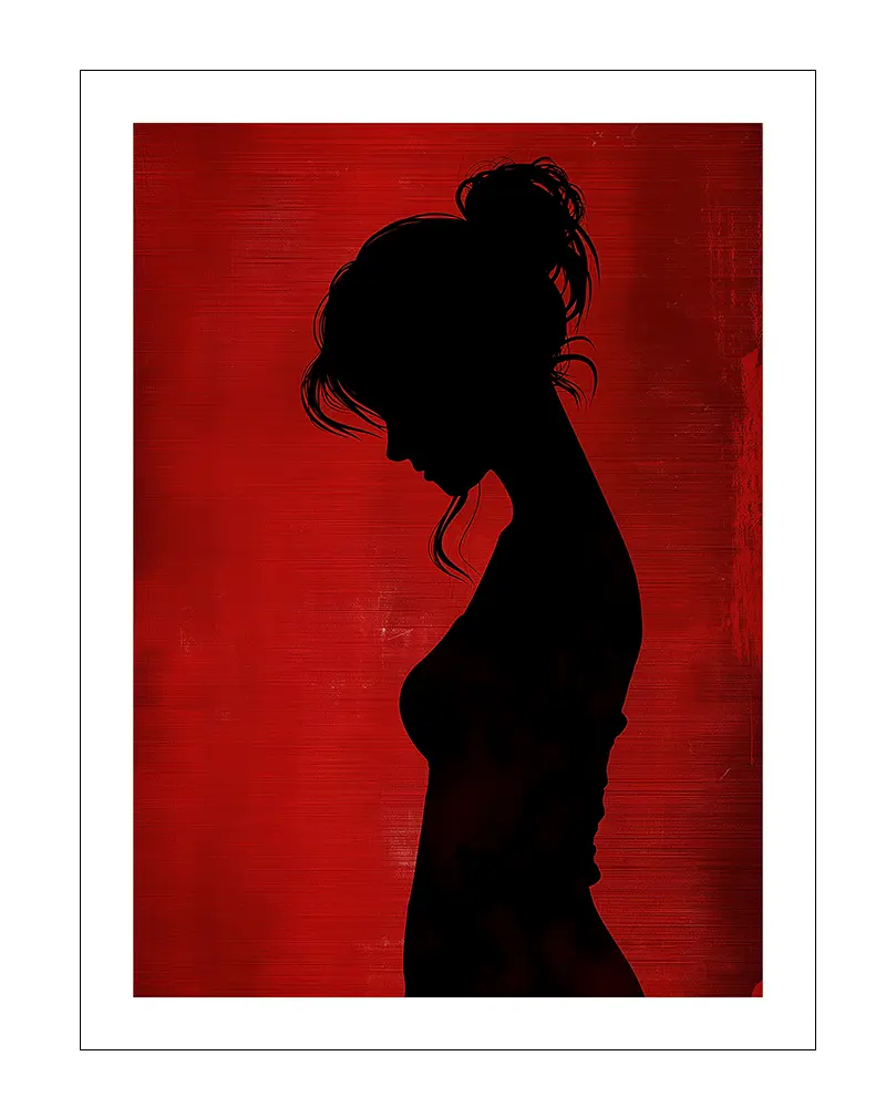 A striking silhouette of a woman in profile set against a bold red textured background.