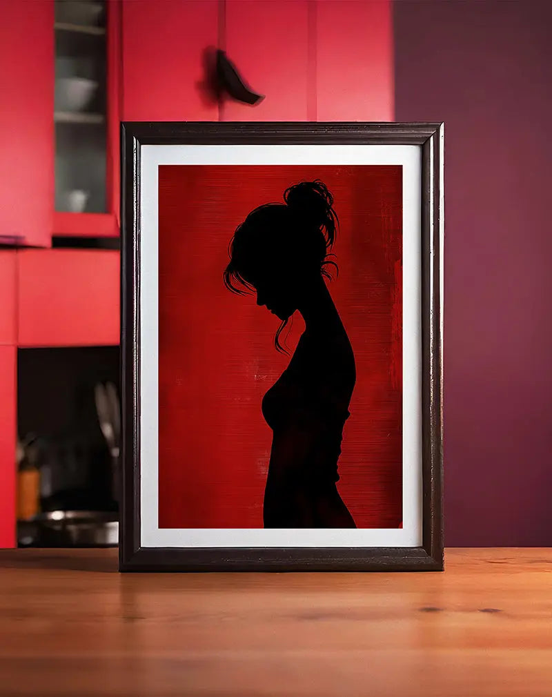 A striking silhouette of a woman in profile set against a bold red textured background.