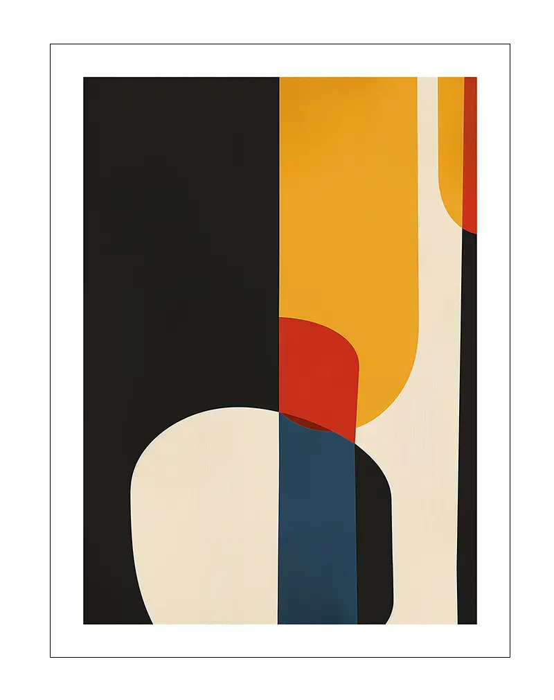 A bold and modern abstract composition featuring geometric shapes in black, yellow, red, and blue. Perfect wall art for a contemporary interior looking for a unique and striking design