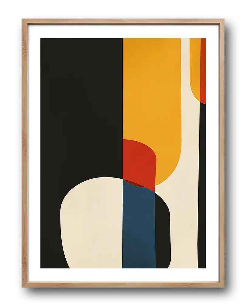 A bold and modern abstract composition featuring geometric shapes in black, yellow, red, and blue. Perfect wall art for a contemporary interior looking for a unique and striking design