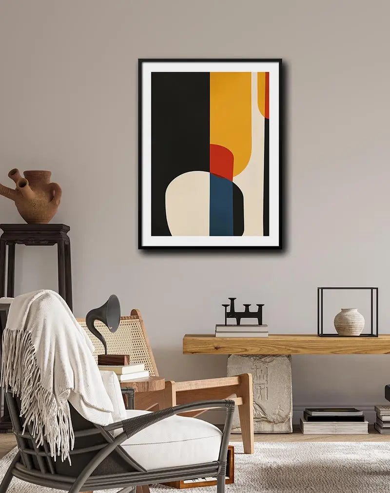 A bold and modern abstract composition featuring geometric shapes in black, yellow, red, and blue. Perfect wall art for a contemporary interior looking for a unique and striking design