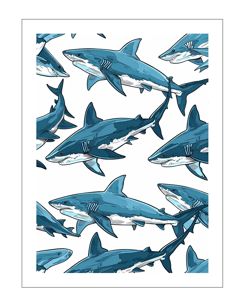 A vibrant pattern of sharks swimming in different directions, illustrated in shades of blue. Perfect wall art for marine life lovers or a fun, ocean-inspired interior