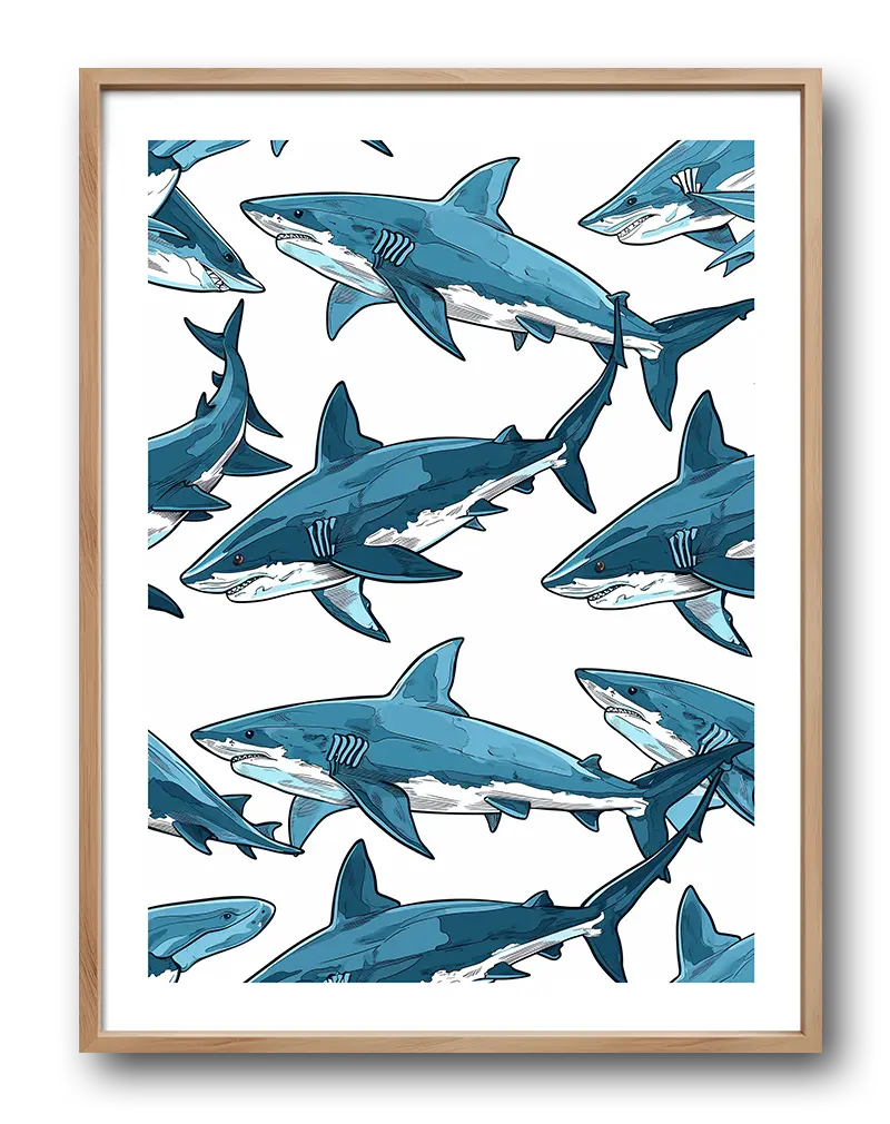 A vibrant pattern of sharks swimming in different directions, illustrated in shades of blue. Perfect wall art for marine life lovers or a fun, ocean-inspired interior