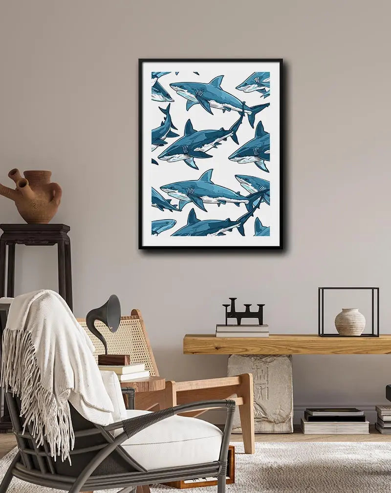 A vibrant pattern of sharks swimming in different directions, illustrated in shades of blue. Perfect wall art for marine life lovers or a fun, ocean-inspired interior