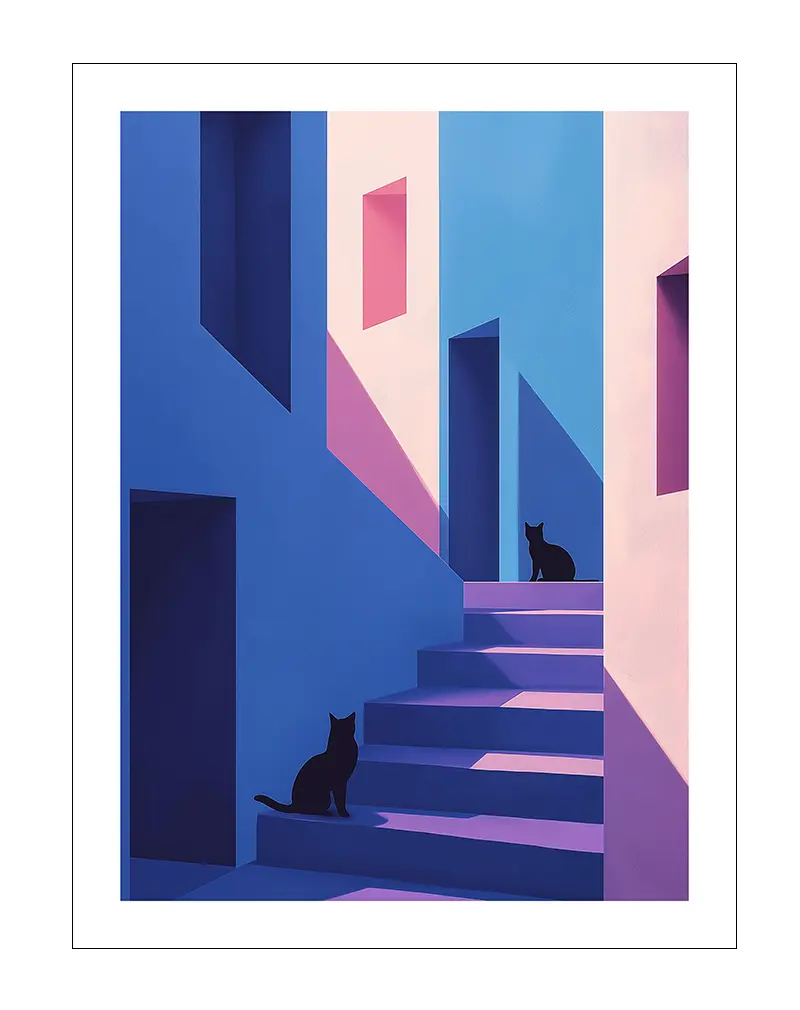 A serene illustration of two black cats sitting on a staircase, with shades of blue and pink buildings around them. Perfect wall art for cat lovers or a calming, modern interior setting