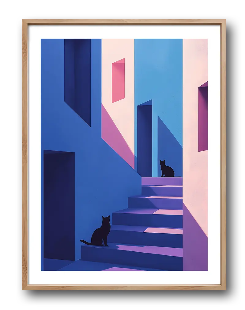 A serene illustration of two black cats sitting on a staircase, with shades of blue and pink buildings around them. Perfect wall art for cat lovers or a calming, modern interior setting