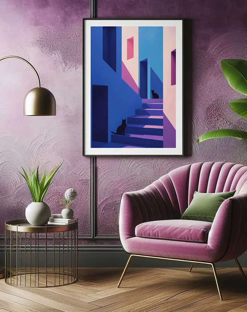 A serene illustration of two black cats sitting on a staircase, with shades of blue and pink buildings around them. Perfect wall art for cat lovers or a calming, modern interior setting