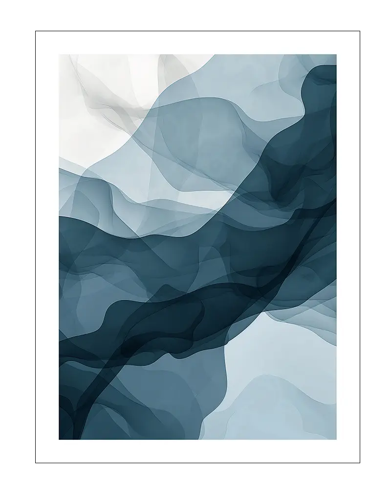 A beautiful abstract illustration featuring soft flowing waves in shades of blue and white. Perfect wall art for adding a calming and modern touch to any living space