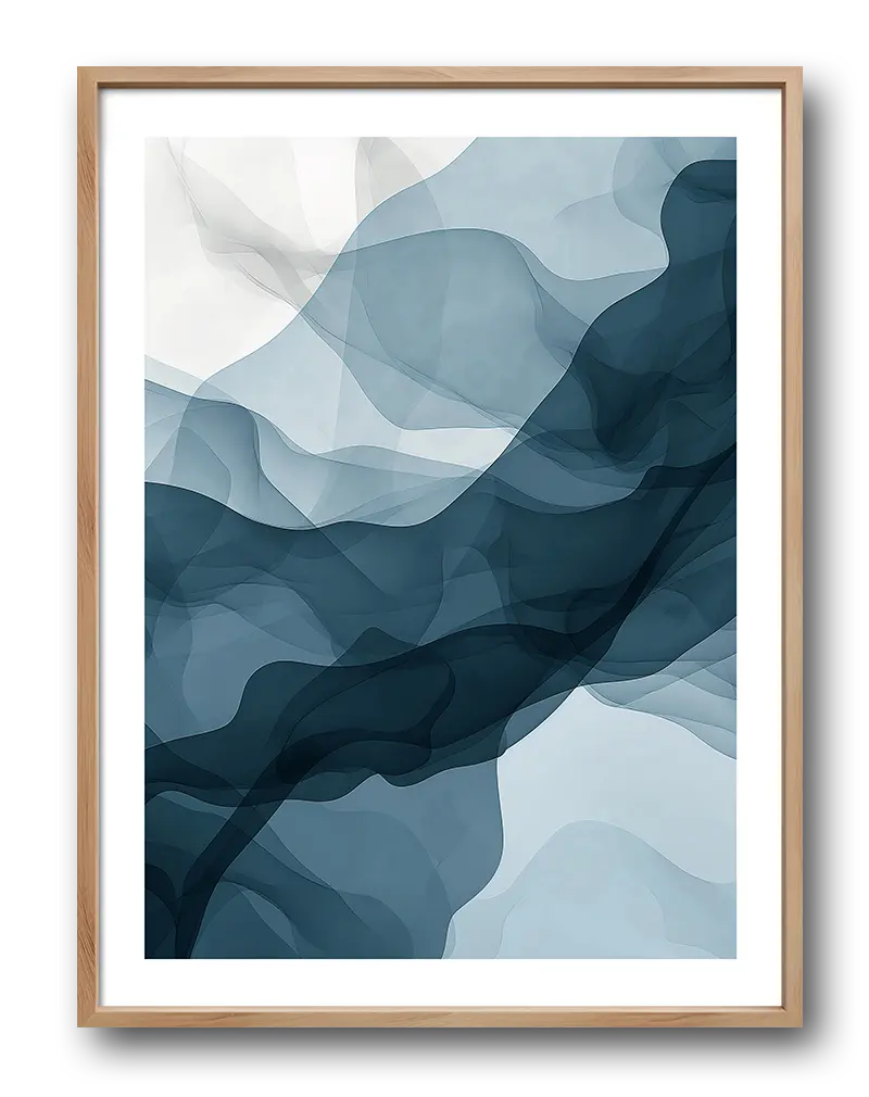 A beautiful abstract illustration featuring soft flowing waves in shades of blue and white. Perfect wall art for adding a calming and modern touch to any living space