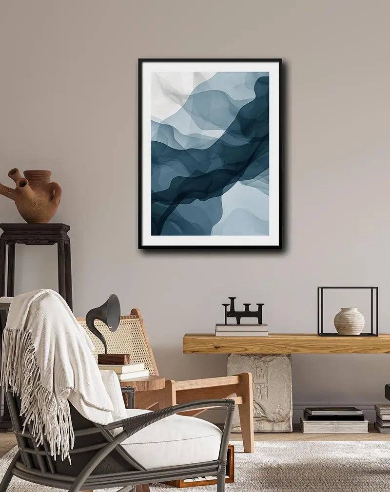 A beautiful abstract illustration featuring soft flowing waves in shades of blue and white. Perfect wall art for adding a calming and modern touch to any living space