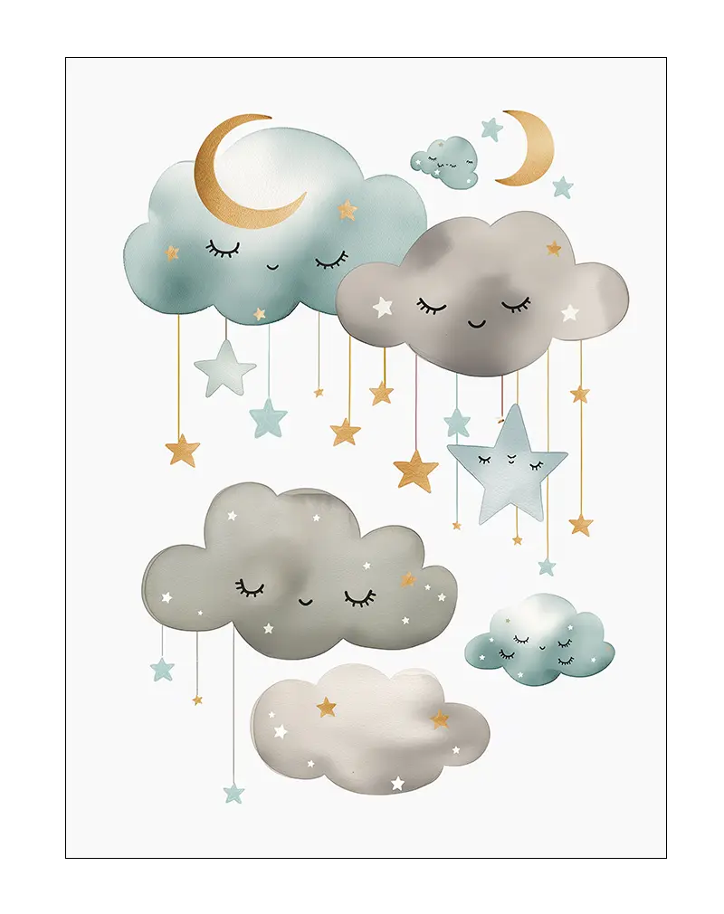 A charming illustration of smiling clouds, stars, and crescent moons in soft pastel tones. Perfect wall art for a child's room or nursery to create a dreamy, peaceful atmosphere