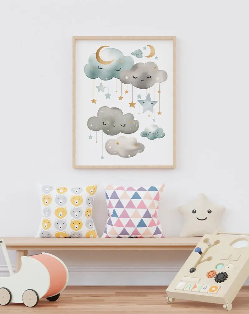 A charming illustration of smiling clouds, stars, and crescent moons in soft pastel tones. Perfect wall art for a child's room or nursery to create a dreamy, peaceful atmosphere