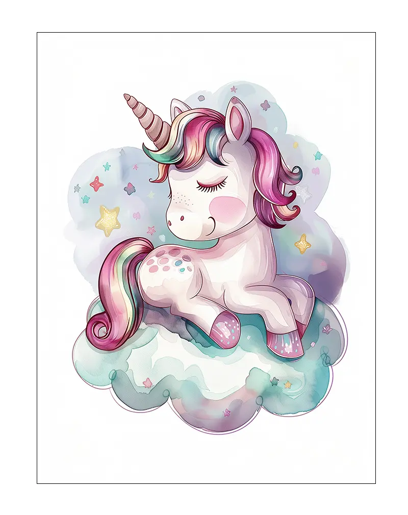 A whimsical illustration of a sleeping unicorn on soft clouds with colorful stars around. Perfect wall art for a magical and playful touch in a child's bedroom or nursery