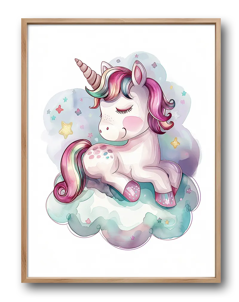 A whimsical illustration of a sleeping unicorn on soft clouds with colorful stars around. Perfect wall art for a magical and playful touch in a child's bedroom or nursery