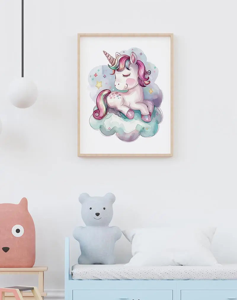 A whimsical illustration of a sleeping unicorn on soft clouds with colorful stars around. Perfect wall art for a magical and playful touch in a child's bedroom or nursery