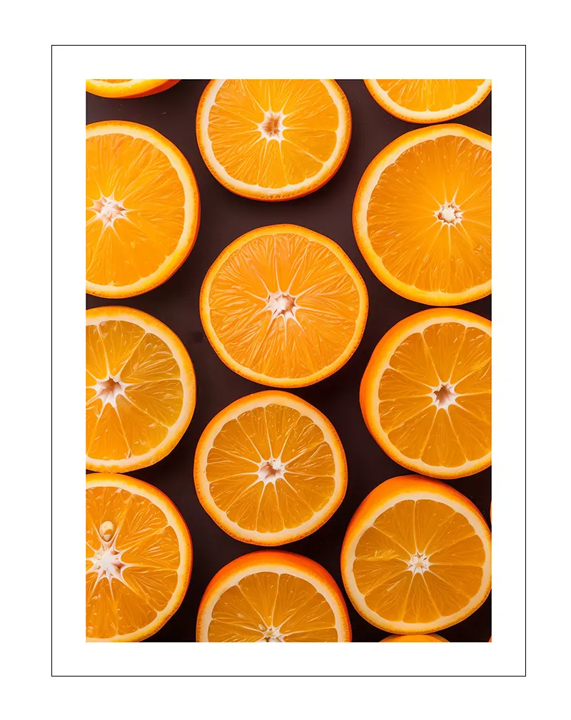 A vibrant illustration of perfectly sliced oranges arranged in a grid. Perfect wall art for adding a fresh and zesty feel to a kitchen or dining space