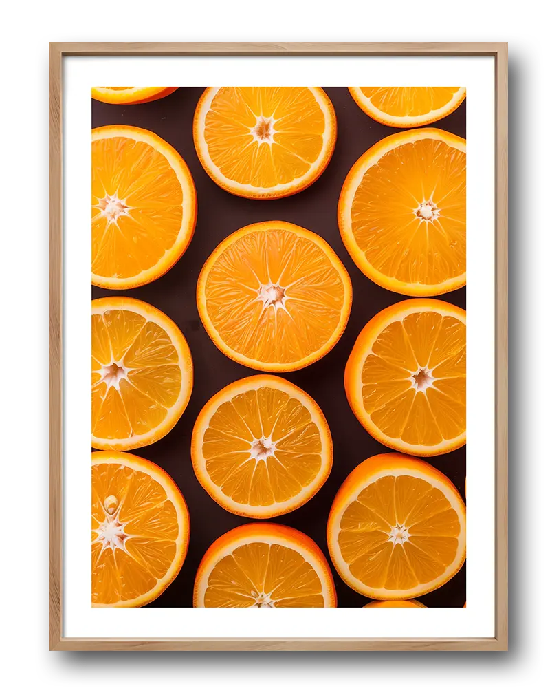 A vibrant illustration of perfectly sliced oranges arranged in a grid. Perfect wall art for adding a fresh and zesty feel to a kitchen or dining space